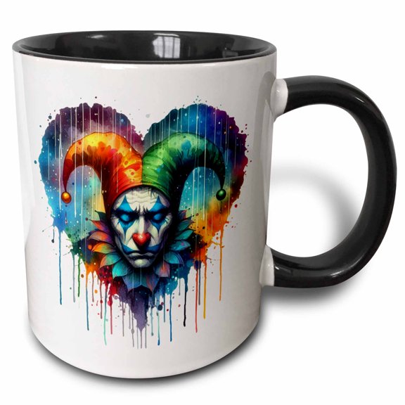 3drose, Watercolor Portrait Illustration of a Sad Jester in the Rain, 15oz Two-tone Black Mug