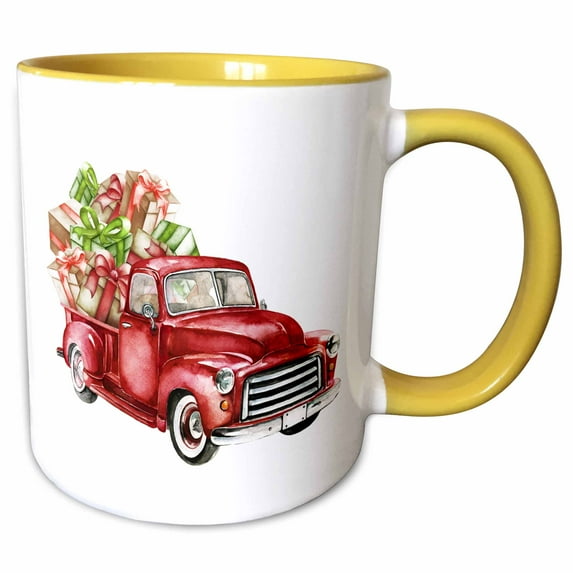 3drose, Watercolor Red Christmas Truck Full of Presents Illustration, 15oz Two-tone Yellow Mug