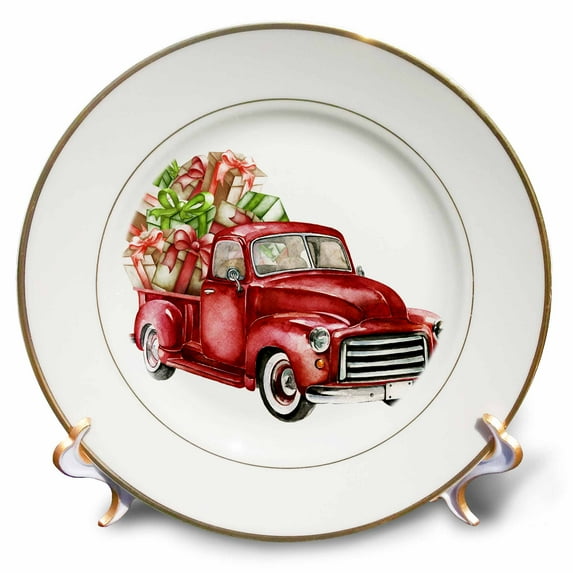 3dRose, Watercolor Red Christmas Truck Full Of Presents Illustration, 8 inch Porcelain Plate