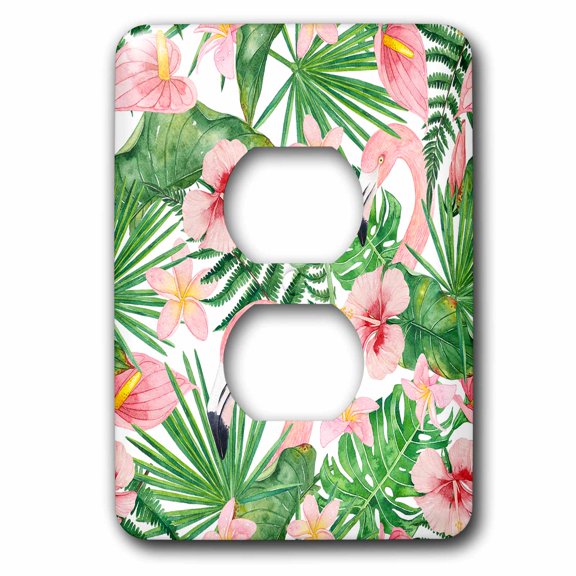 3dRose, Watercolor Tropical Aloha Jungle Summer Hibiscus And Flamingo Pattern, 2 plug outlet cover