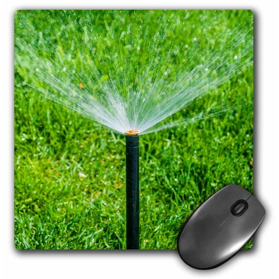 3dRose, Watering the green lawn on a hot spring day. Water sprays, black tube, MousePad