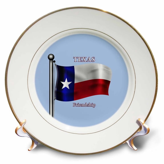 3dRose, Waving Flag of Texas and state motto on a light blue background, 8 inch Porcelain Plate