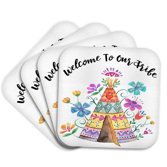 3dRose, Welcome To Our Tribe, Watercolor Teepee Illustration, Set of 4 Coasters - Soft