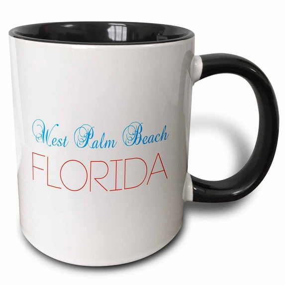 3drose, West Palm Beach, Florida Blue, Red Text. Patriotic Home Town Design, 11oz Two-tone Black Mug