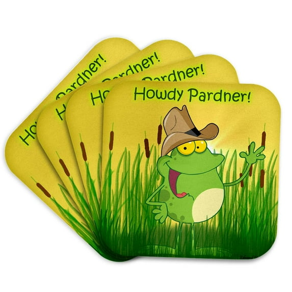 3drose, Western Frog Waving Howdy at Sunset, Set of 4 Coasters - Soft