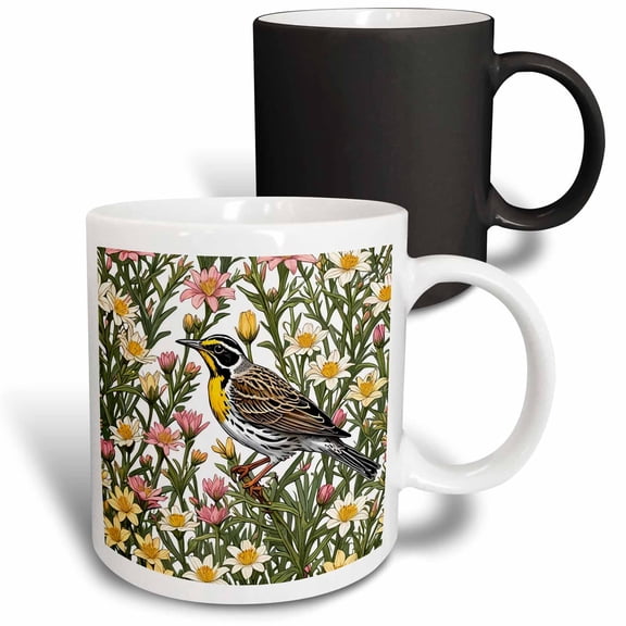 3drose, Western Meadowlark Surrounded by Bitterroot Flowers 2, 11oz Magic Transforming Mug