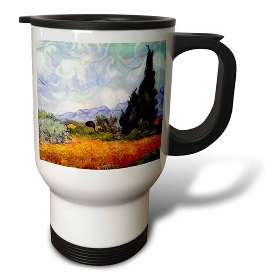 3drose, Wheat Field with Cypresses by Vincent Van Gogh 1889 - Wheatfield - Cornfield - Trees Fine Landscape, 14oz Stainless Steel Travel Mug
