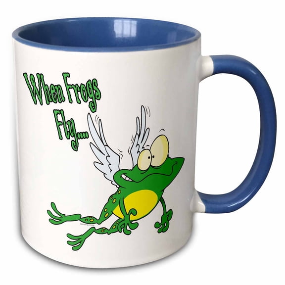 3dRose, When Frogs Fly Funny Flying Froggy Cartoon, 15oz Two-Tone Blue Mug