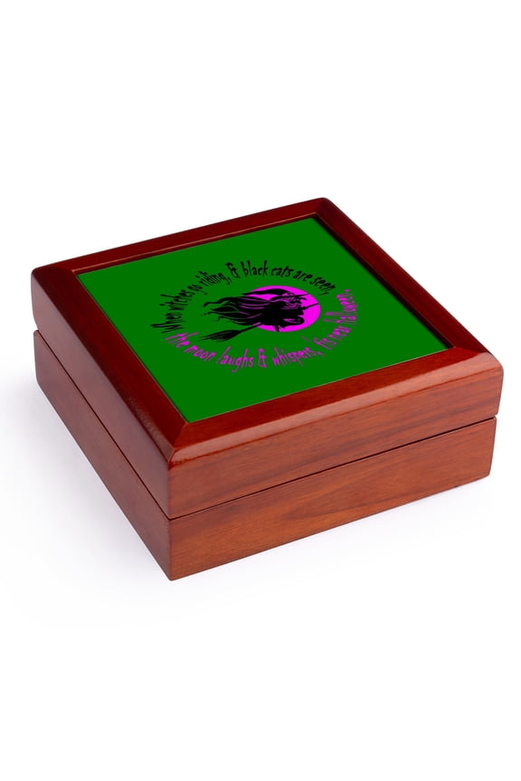 , When Witches Go Riding Tis Near Halloween Pink Text, Jewelry Box 5.5x5.5 inch with 4 inch tile