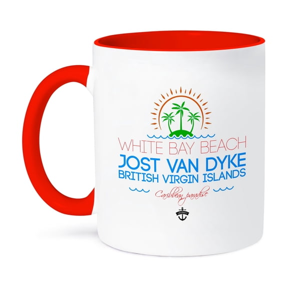 3dRose, White Bay Beach Jost Van Dyke Caribbean paradise text, decor image, 11oz Two-Tone Red Mug