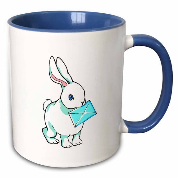 3drose, White Bunny Holding Blue Envelope, 11oz Two-tone Blue Mug