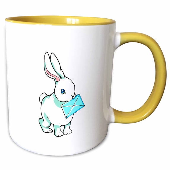 3drose, White Bunny Holding Blue Envelope, 11oz Two-tone Yellow Mug