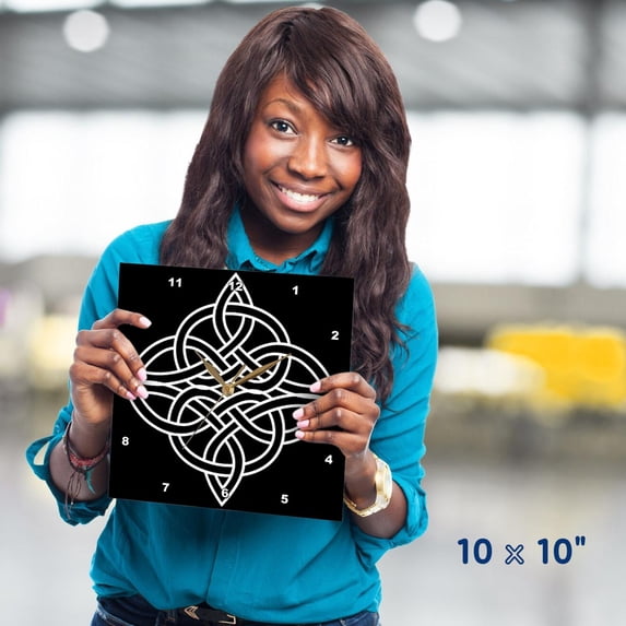 3dRose, White Celtic Design On A Black Background, 10x10 Wall Clock