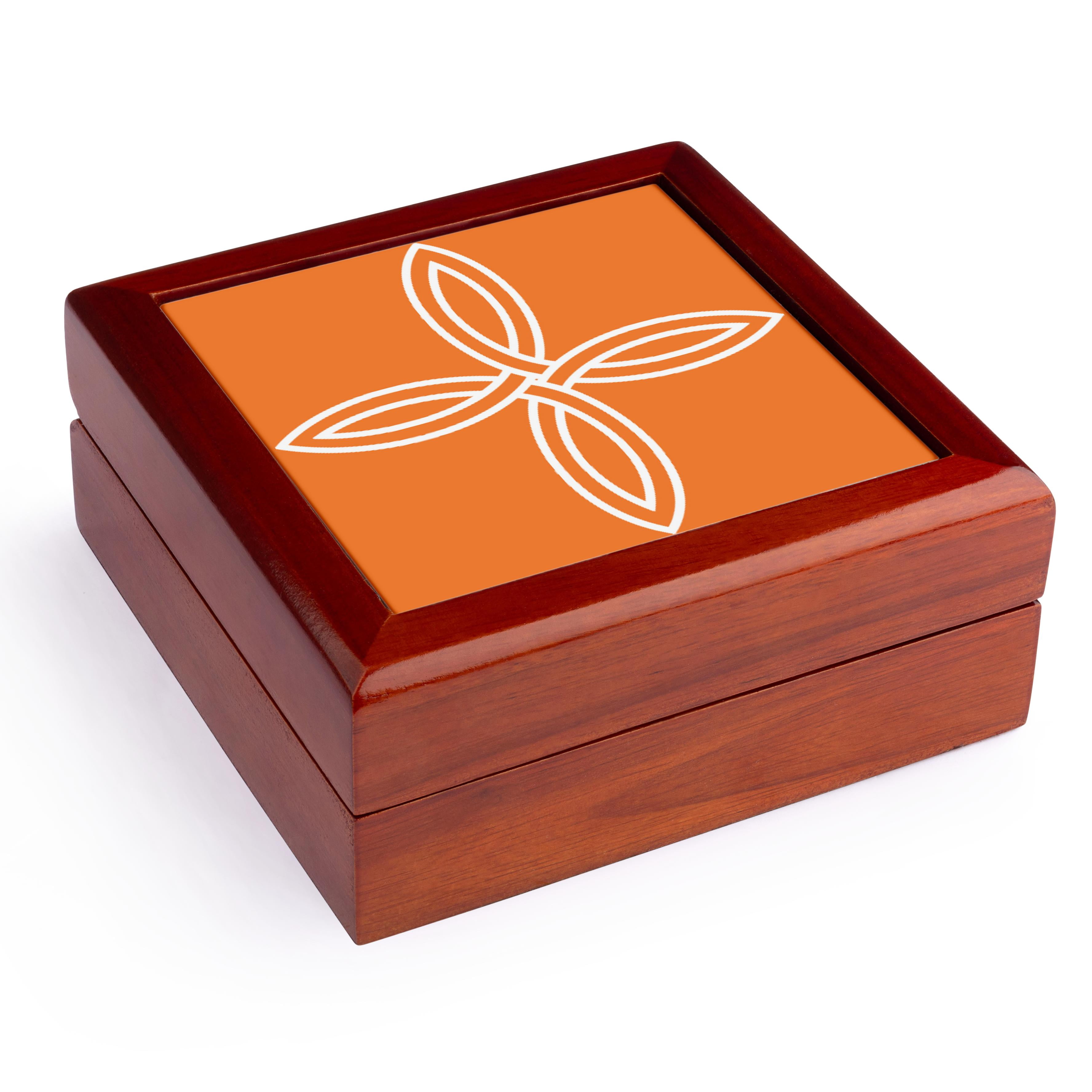 3dRose, White Celtic Design On A Tangerine Background, Jewelry Box 5.5x5.5 inch with 4 inch tile