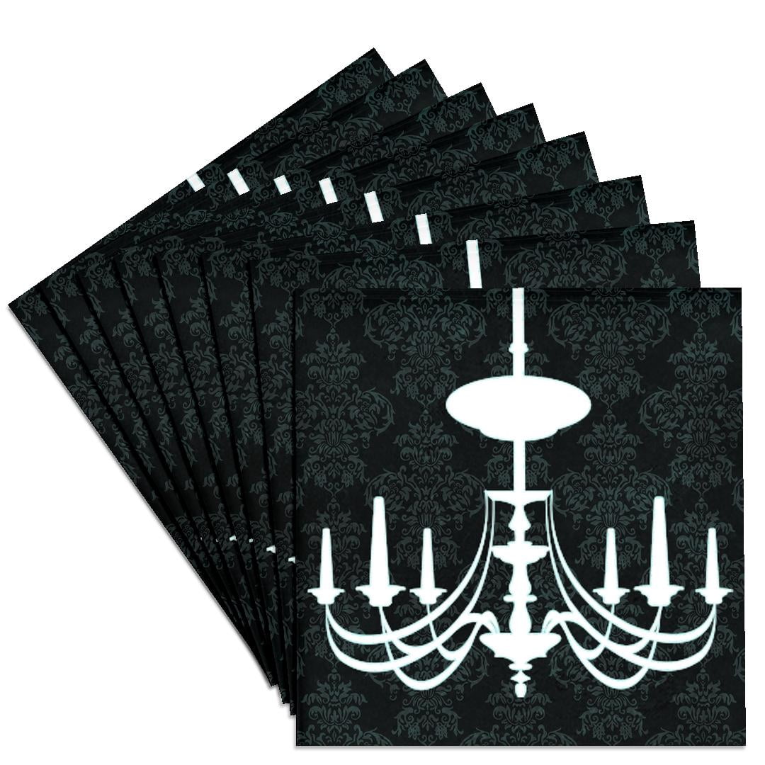 3dRose, White Chandelier Against A Black Damask Background, Set of 8 Ceramic Tile Coasters