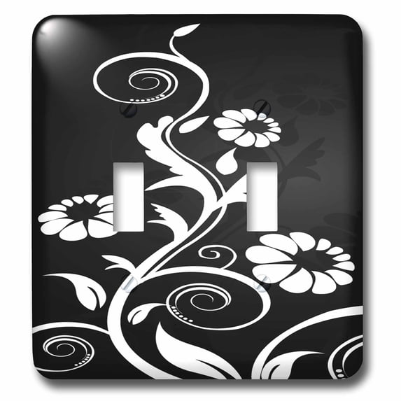 3dRose White Flourishes and Flowers On Black - Double Toggle Switch (lsp_101587_2)