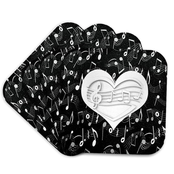 3drose, White Heart Shaped Musical Note, Black and White Musical Notes, Set of 4 Coasters - Soft