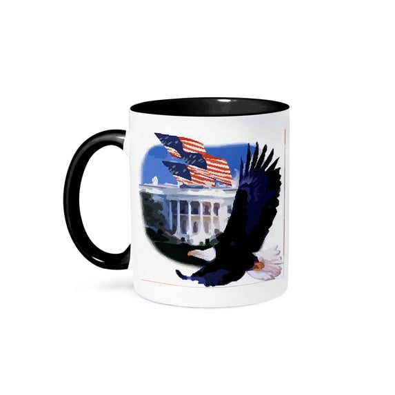 3dRose, White House With American Flags and Eagle, 15oz Two-Tone Black Mug