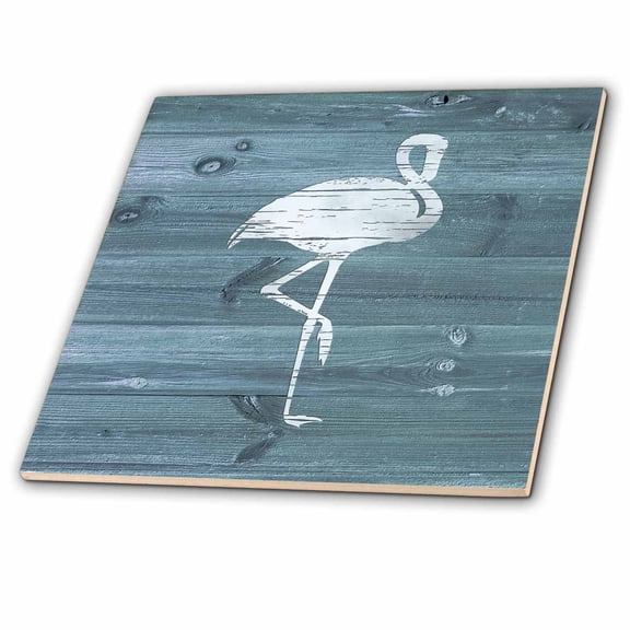 3dRose, White Painted Flamingo on Blue Weatherboard- Not Real Wood, 4 Inch Ceramic Tile