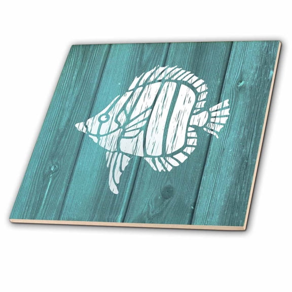3dRose, White Painted Tropical Fish on Teal Background- not real wood, 12 Inch Ceramic Tile