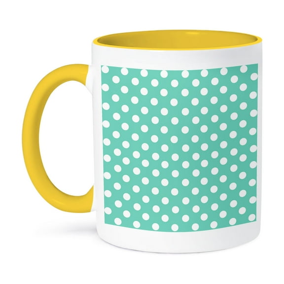 3dRose, White Polka Dots on Aqua Teal Turquoise Blue - Retro 1950s dot pattern, 11oz Two-Tone Yellow Mug