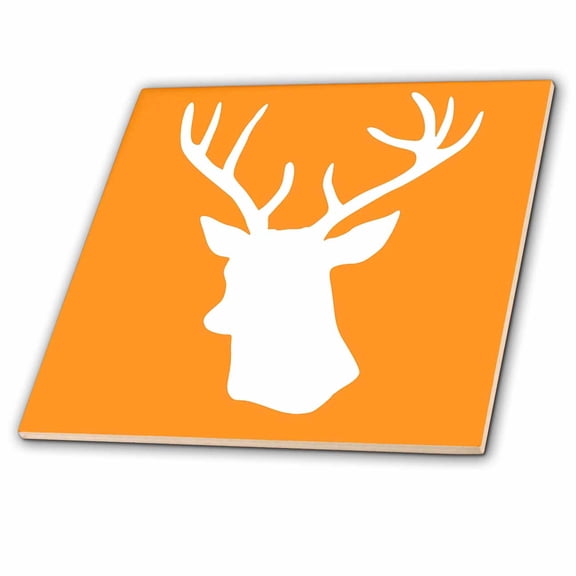 3dRose, White Stag Head Silhouette on Orange - country deer with antlers, 4 Inch Ceramic Tile