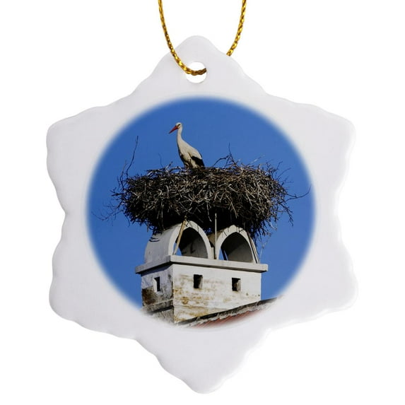 3drose, White Stork Bird, Lake Neusiedl Np, Austria - Na02 Rnu0828 - Rolf Nussbaumer, 3 inch Snowflake Porcelain Ornament