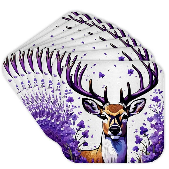 3drose, White Tailed Deer with Irıs Flower Michigan State Tattoo Art, Set of 8 Coasters - Soft