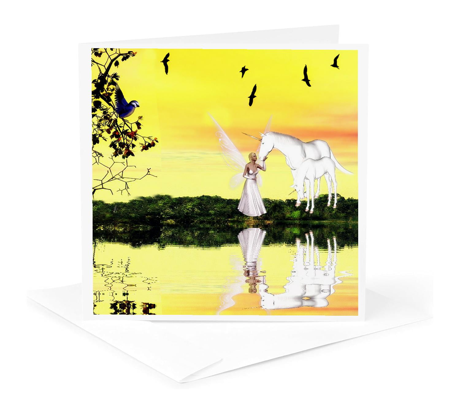3dRose, White Unicorn And Fairy Reflecting In The Lake, 1 Greeting Card with envelope
