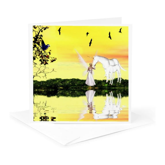 3drose, White Unicorn and Fairy Reflecting in the Lake, 1 Greeting Card with Envelope