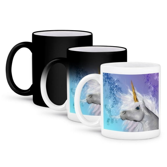3dRose, White Unicorn brilliant horn and pastel background art in high definition, 11oz Magic Transforming Mug
