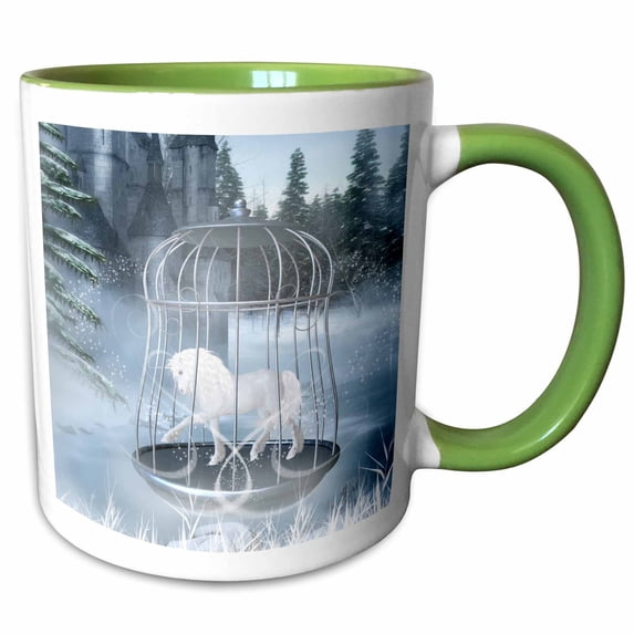 3drose, White Unicorn Is Locked Up in a Cage It Is on a Frozen Lake, 11oz Two-tone Green Mug