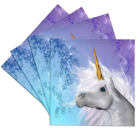 3dRose, White Unicorn brilliant horn and pastel background art in high definition, Set of 4 Ceramic Tile Coasters