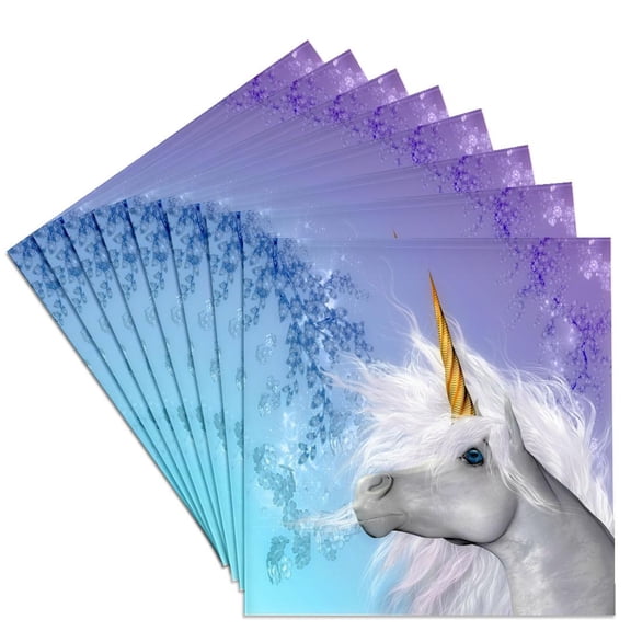 3dRose, White Unicorn brilliant horn and pastel background art in high definition, Set of 8 Ceramic Tile Coasters