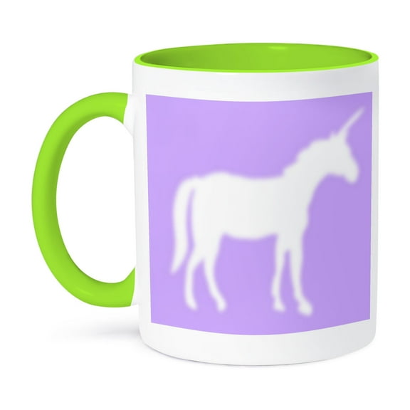 3dRose, White Unicorn silhouette on lilac purple - magical mystical mythical fantasy creatures and beasts, 11oz Two-Tone Green Mug