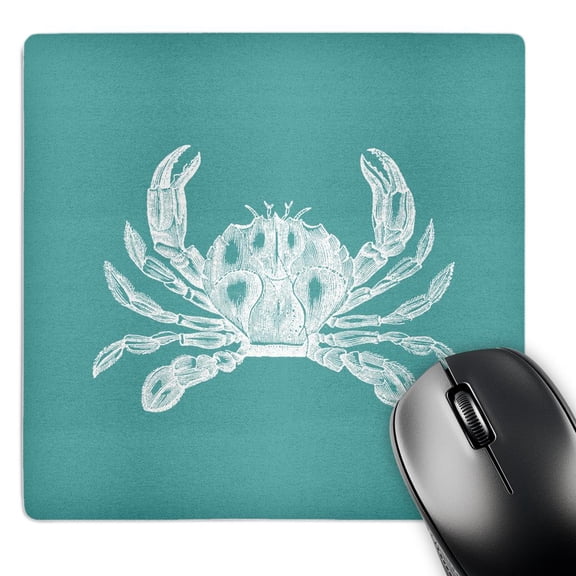 3dRose, White crab etched teal turquoise aqua blue - nautical beach sea ocean, MousePad