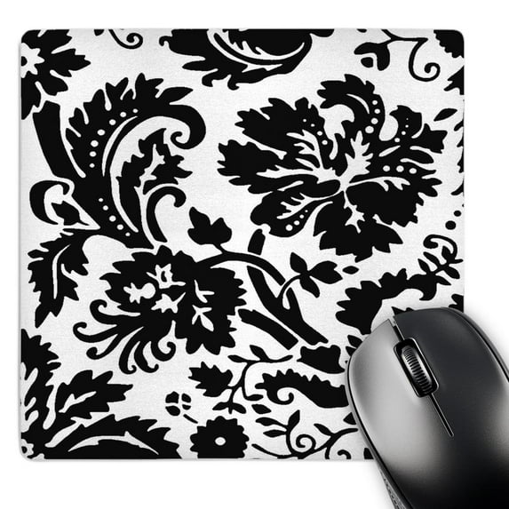 3dRose, White damask with black large print stylish flowery swirls - modern contemporary leaves and flowers, MousePad