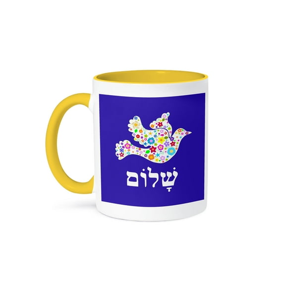 3dRose, White floral dove of peace with Hebrew Shalom text - flowery - flowers - Jewish - Judaism, 15oz Two-Tone Yellow Mug