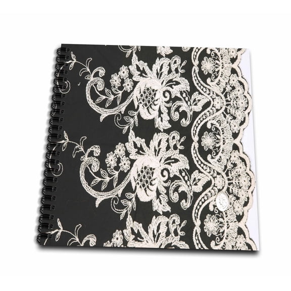 3dRose, White flower lace pattern on black , Memory Book 12 x 12 inch