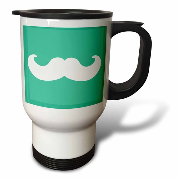3dRose, White mustache on aqua teal turquoise - Ironic hipster moustache - Humorous - Fun - Silly - Funny, 14oz Stainless Steel Travel Mug