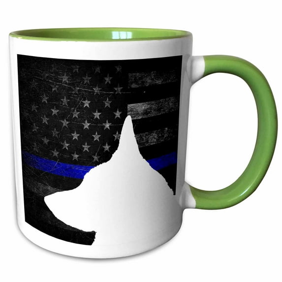 3drose, White Silhouette of German Shepherd Dog on Distressed Blue Line Flag., 15oz Two-tone Green Mug