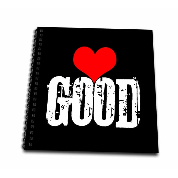 3dRose, White text GOOD and a red heart on top. Black background, Drawing Book 8 x 8 inch
