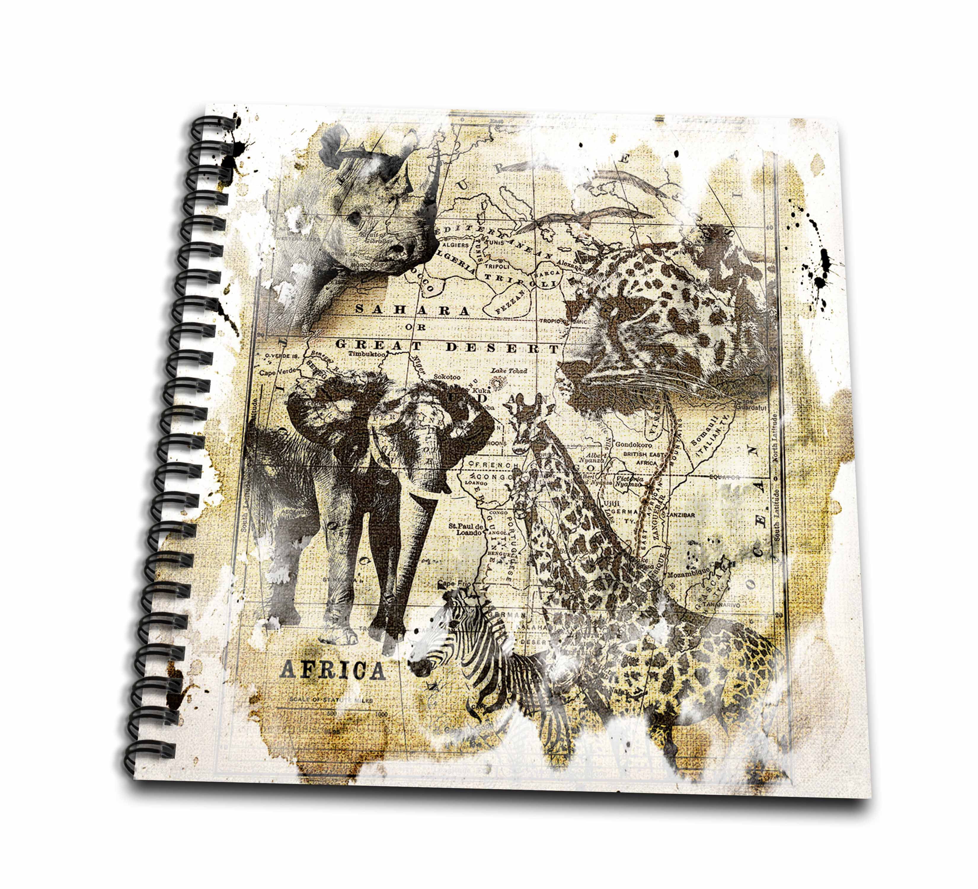 3dRose, Wildlife vintage Africa map with rhino, elephant, cheetah, zebra, giraffe , Memory Book 12 x 12 inch