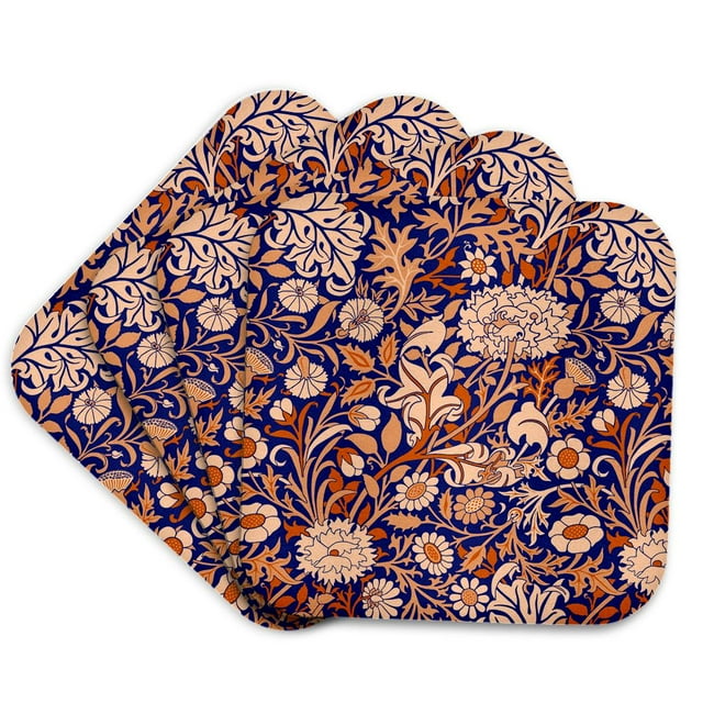3dRose, William Morris Cherwell Chintz Pattern in Blue and Orange, Set of 4 Coasters - Soft