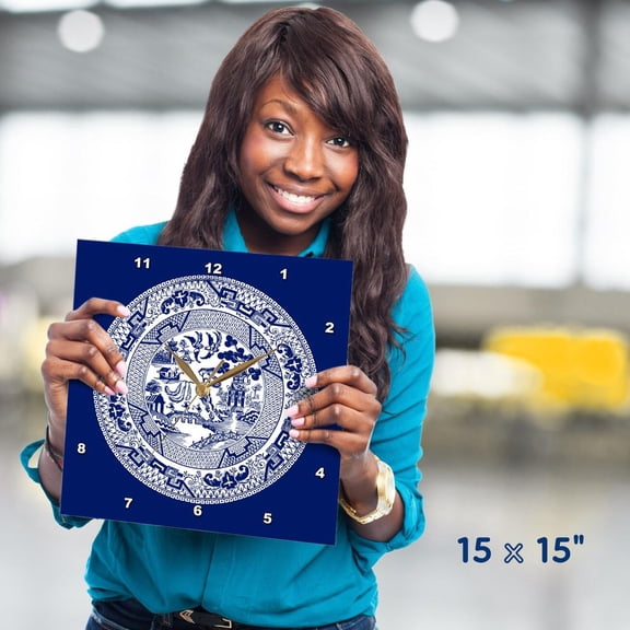 3dRose, Willow Pattern in Delft Blue and White, 15x15 Wall Clock