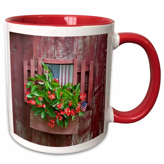 3drose, Window Box Planter with Begonias and American Flags on Old Red Shed, 11oz Two-tone Red Mug