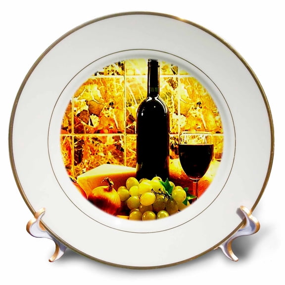 3dRose, Wine Bread Cheese Grapes, 8 inch Porcelain Plate