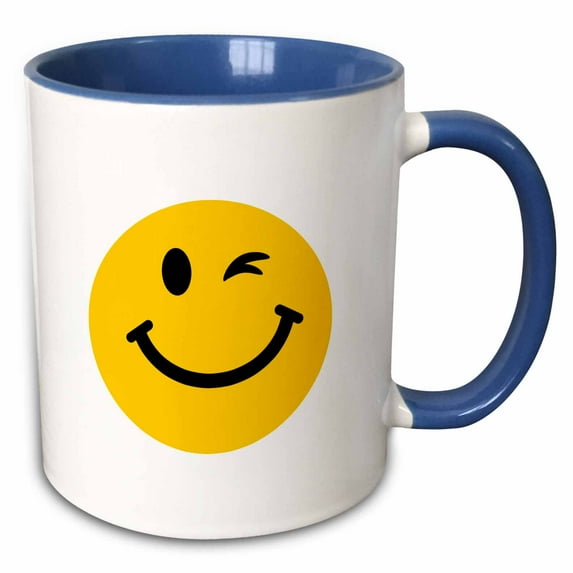 3drose, Winking Smiling Face - Yellow Happy - Flirty - Cheeky - Cute Fun Cartoon, 11oz Two-tone Blue Mug