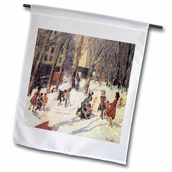 3dRose, Winter High Bridge Park by George Luks, Children Playing in the Snow, 12 x 18 inch Garden Flag