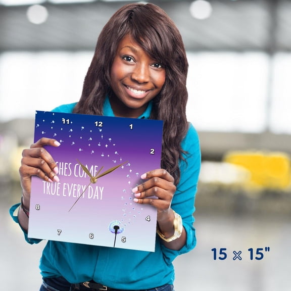 3dRose, Wishes come true every day - inspirational motivational sayings - motivation - purple dandelion wish, 15x15 Wall Clock